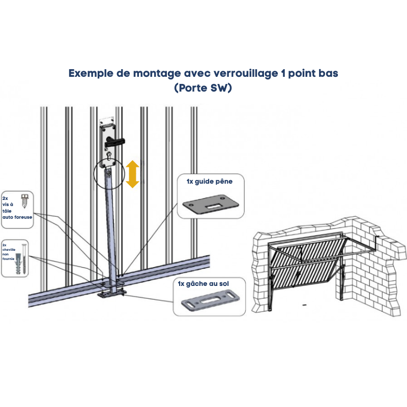 Exemple de montage Pêne acier de verrouillage 1 point porte basculante