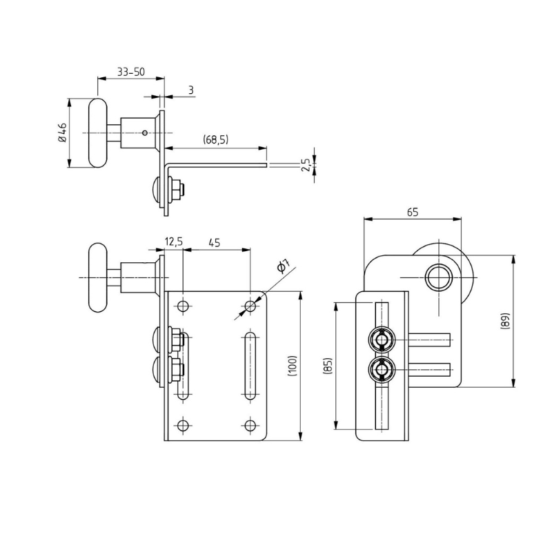 Dimensions supports roulettes hauts pour porte de garage sectionnelle Gypass