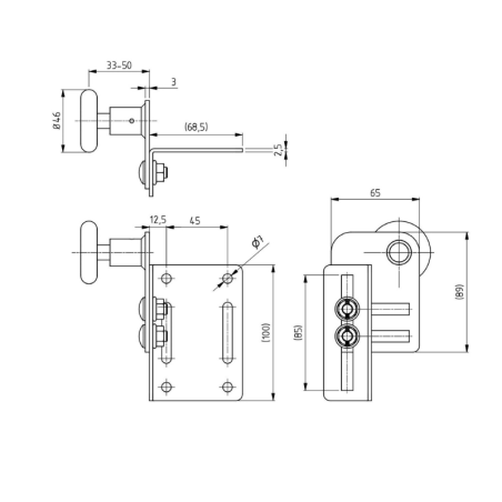 Dimensions supports roulettes hauts pour porte de garage sectionnelle Gypass